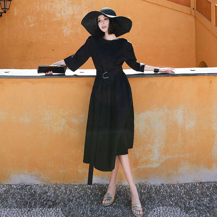 溶溶【夜幕星下】RONGRONG 100棉一字领褶皱腰带优雅连衣裙2542RR