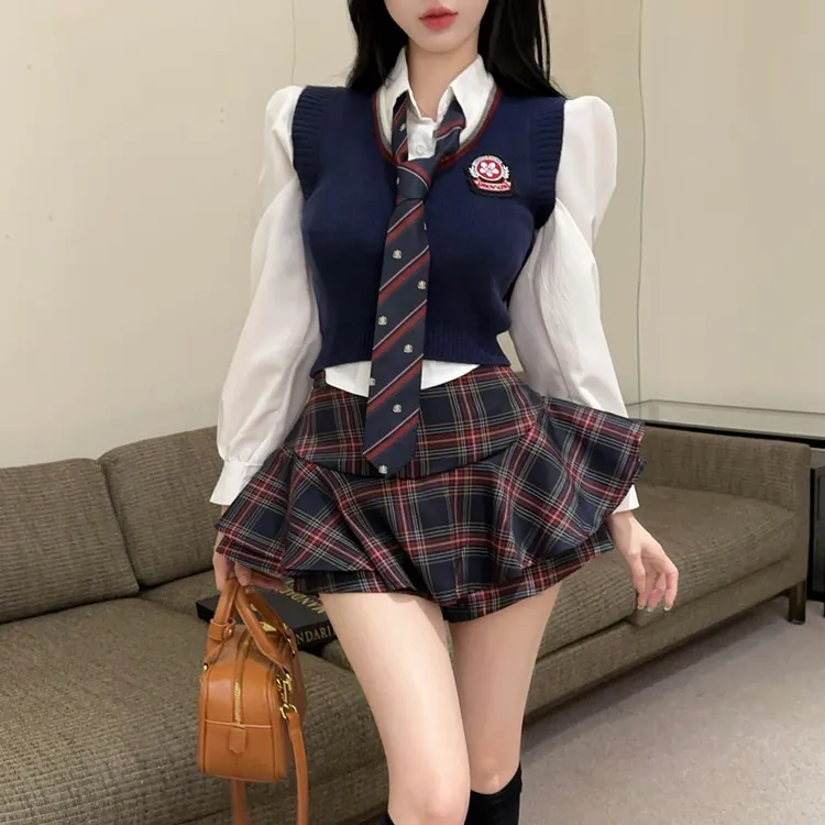 学院风jk制服套装女甜辣美式高级感长袖上衣马甲高腰半身裙三件套