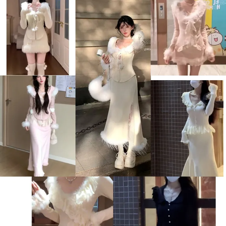 女生小香风套装美神降临秋冬毛毛领氛围感显瘦修身长袖上衣半身裙