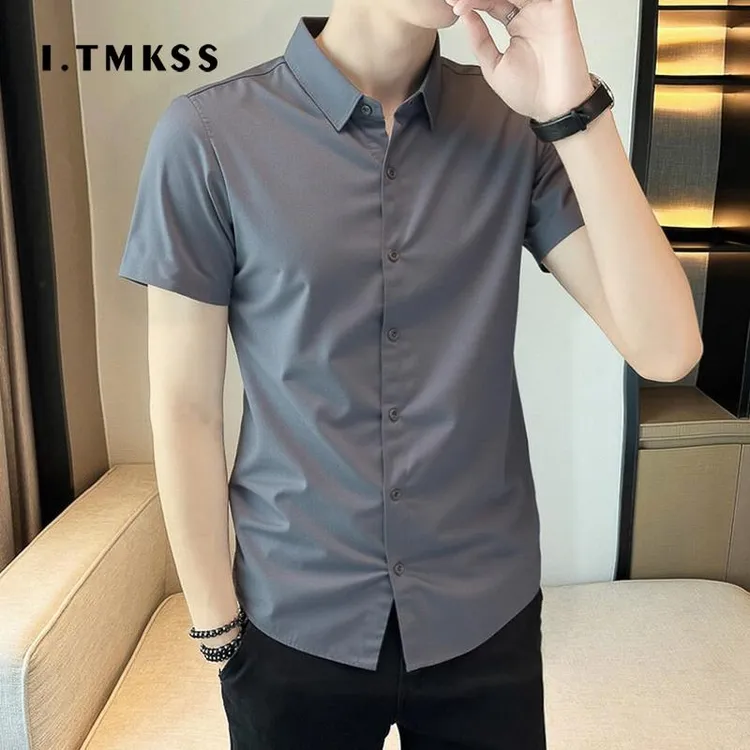 弹力冰丝短袖男衬衫夏季薄款冷淡系高级感衬衣痞帅修身黑寸衫纯色