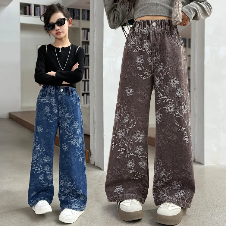 女童裤子春秋2025新款潮流提花直筒牛仔裤女大童装时髦休闲阔腿裤