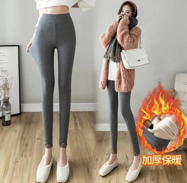 2025女士加绒加厚弹力蕾丝显瘦打底裤高腰外穿