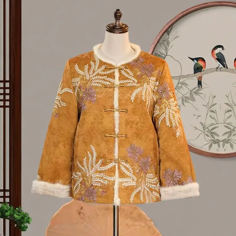 新中式风刺绣花卉真兔毛双面穿短外套女盘扣毛边国风外套皮草780