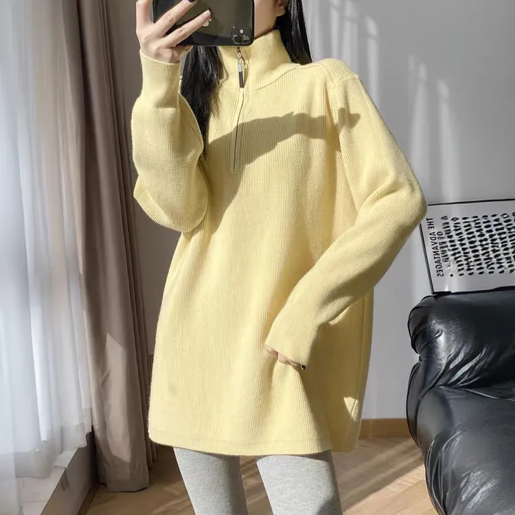 秋冬新款半拉链高领长袖中长款毛衣女宽松遮屁股内搭打底针织上衣