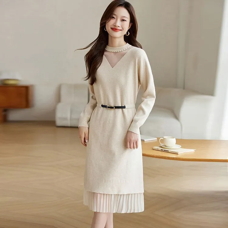 配大衣的内搭毛衣裙女款秋冬新款中长款气质收腰针织打底连衣裙子