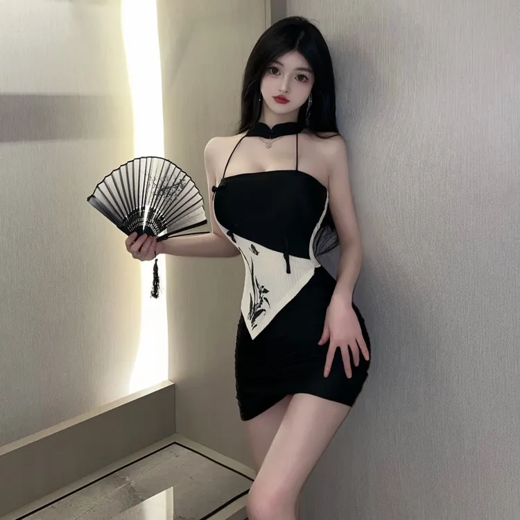 性感纯欲风收腰修身复古旗袍式印花短款吊带露背包臀连衣裙女
