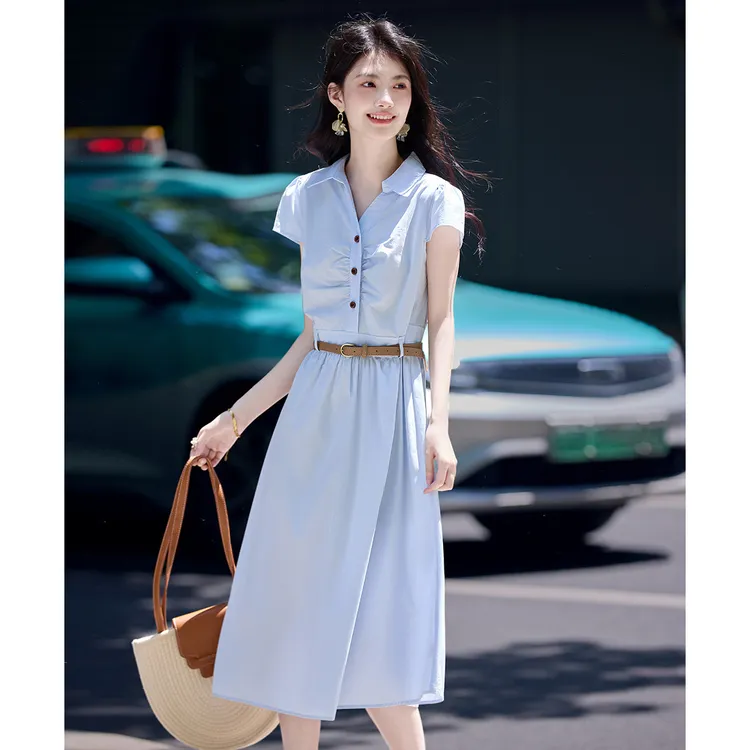 尚静通勤轻职风纯棉系带收腰连衣裙2025夏季新款高腰中长裙衬衫裙