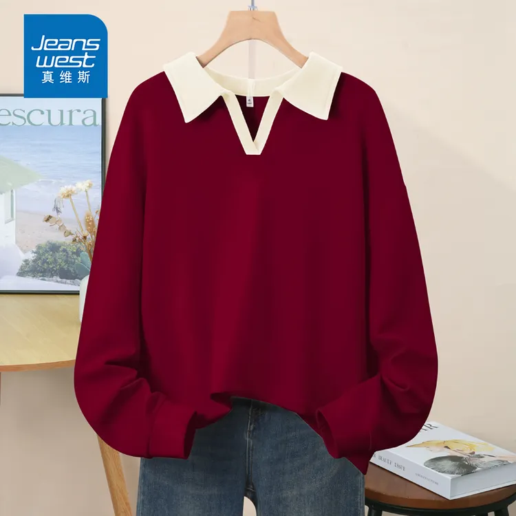 真维斯酒红色小众亲肤运动宽松polo上衣女2025爆款早秋卫衣外套