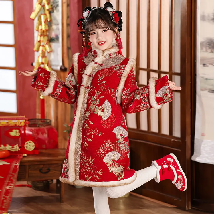 儿童旗袍女童过年衣服中国风大童女装冬装长袖亮片连衣裙夹棉加厚