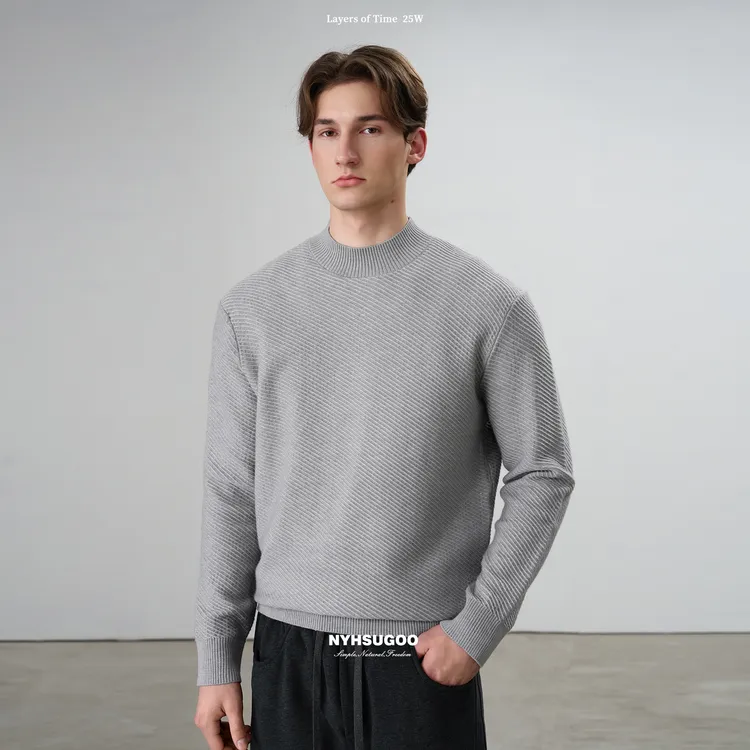 NYHSUGOO/南乙冬季12针绵羊毛混纺浮线工艺套头毛衣55048男士圆领