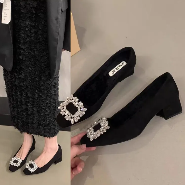 法式水钻气质单鞋女鞋子2025新款黑色方头高级感通勤鞋玛丽珍