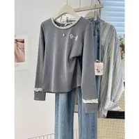 独特圆领设计感花边拼接长袖T恤秋季新款重工刺绣洋气百搭打底衫