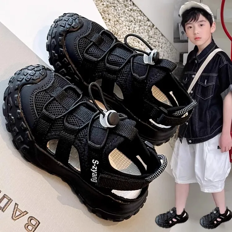 ABC男童凉鞋包头2025新款夏季儿童运动网鞋透气大童黑色镂空鞋潮