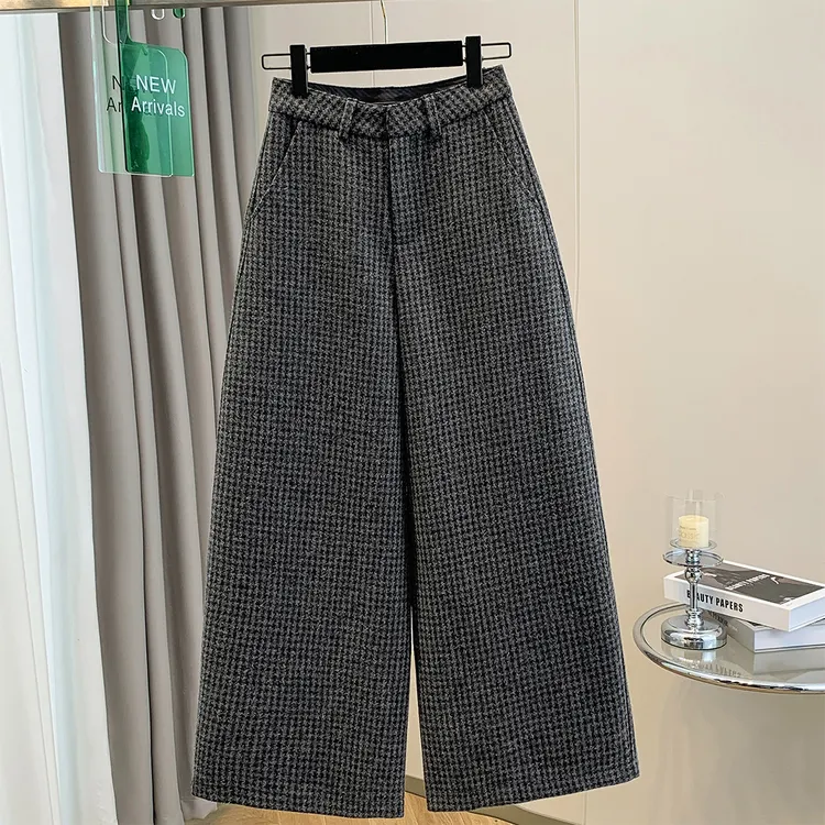秋冬款时尚减龄千鸟格休闲毛呢裤女复古高腰显瘦直筒阔腿裤九分裤