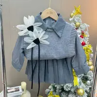 T3新款女童套装韩版春款针织马甲背心纯色衬衫百褶裙三件套8037