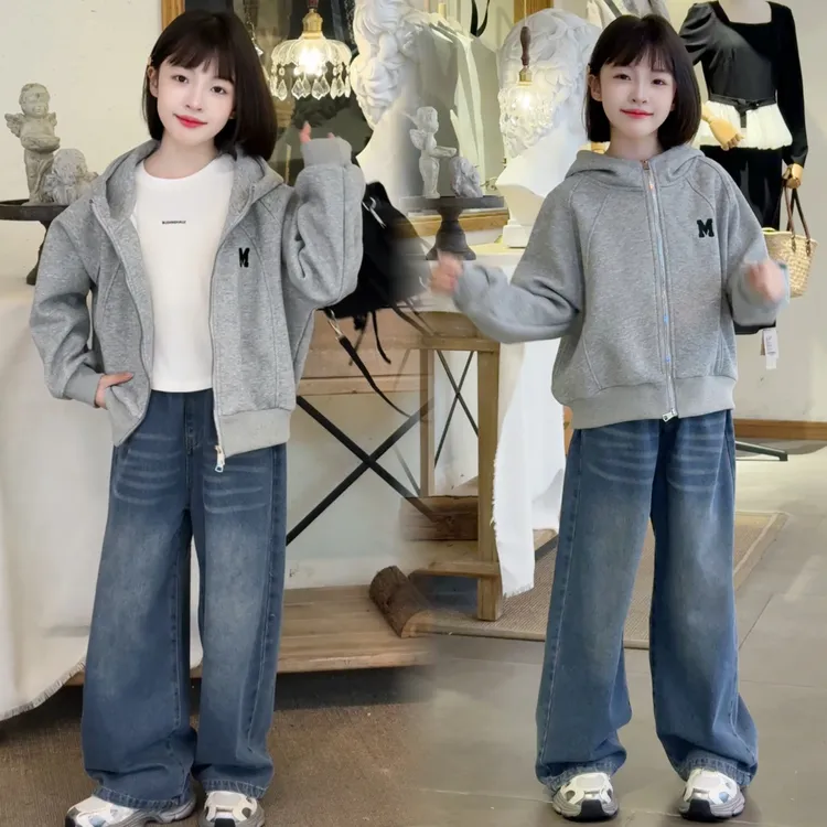 女童常规拉链衫春季连帽圆领普通外套休闲女童童装春秋