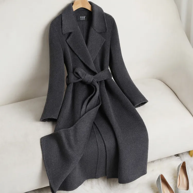 高级深灰色双面羊毛大衣女中长款秋冬新款系带收腰显瘦羊毛呢外套