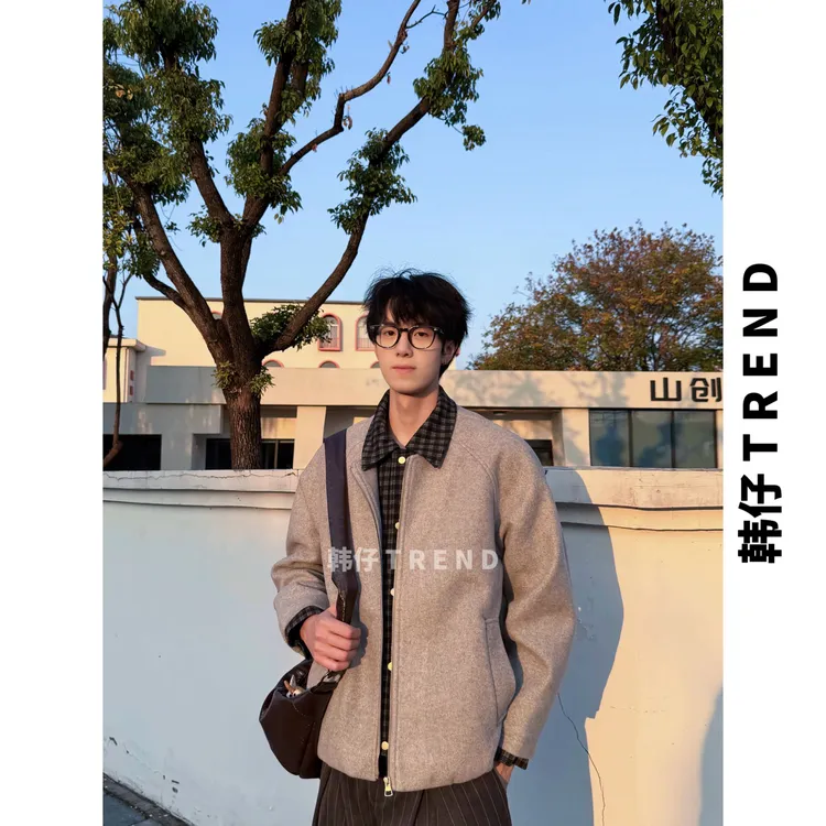 「韩仔」秋冬加棉假两件拼接潮流宽松毛呢夹克男款休闲简约风百搭