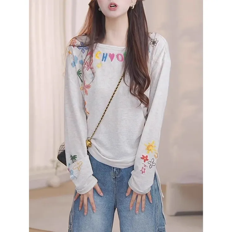 彩色字母抽绳涂鸦长袖t恤女2025秋季新款高级感松弛显瘦百搭上衣