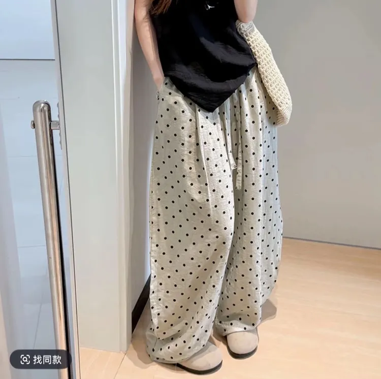 重工亚麻~波点印花松紧腰薄款棉麻休闲裤女夏季松弛感阔腿弯刀裤