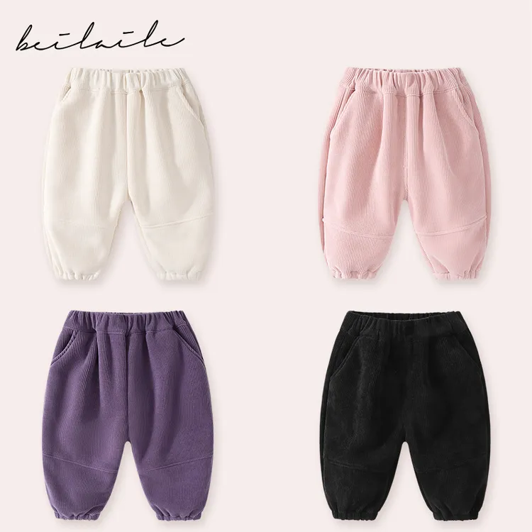 【欧棉绒口袋加绒裤 小乐妈咪】男女童喇叭款春装新款女宝裤子 下架