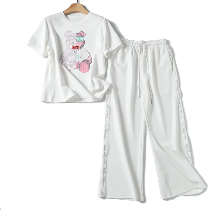 特！门店399！棉感空气层织带拼接烫钻印花休闲套装女L41228