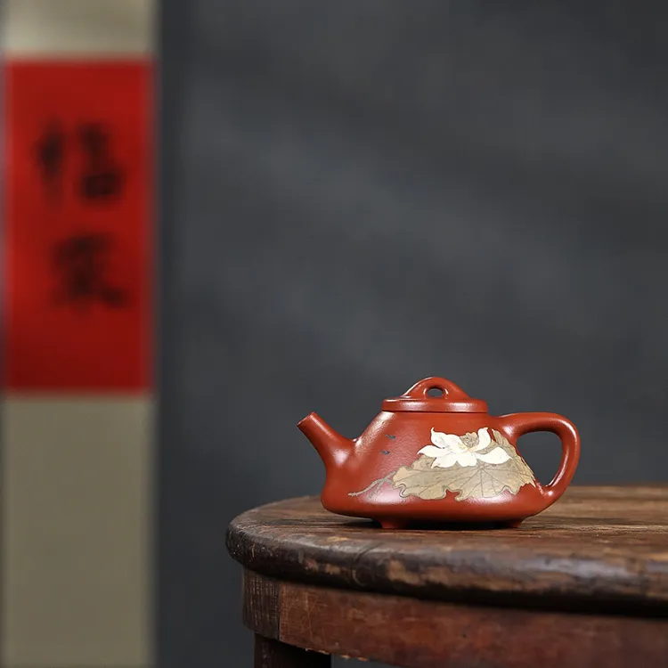 子冶石瓢·泥绘荷花款 原矿小煤窑朱泥·容量190cc