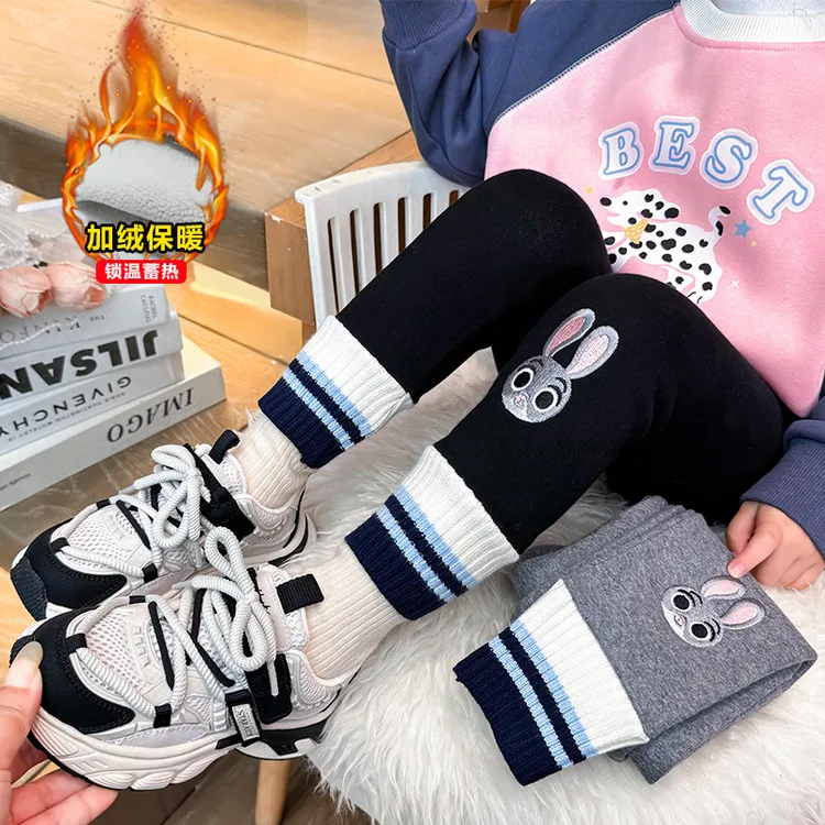 2025新款冬季保暖裤儿童加绒打底裤男女童卡通兔子长裤舒适百搭裤