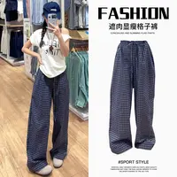 蓝色复古木耳边格子休闲裤女夏季2025新款直筒高腰显瘦宽松阔腿裤
