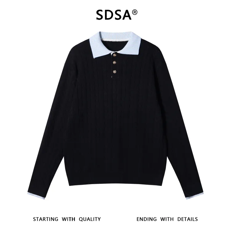 SDSA男士秋冬新款痞帅男装潮牌纽花拼接半纽扣翻领针织衫时尚毛衣