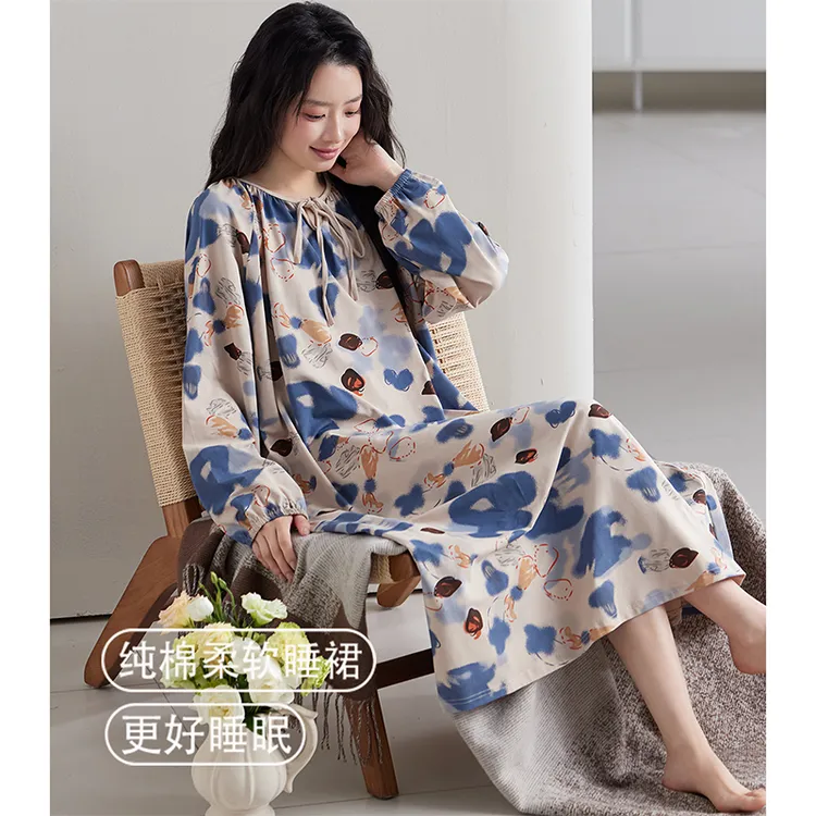 2025新款春秋季纯棉长袖睡裙女士长款田园风大码连衣裙可外穿睡衣