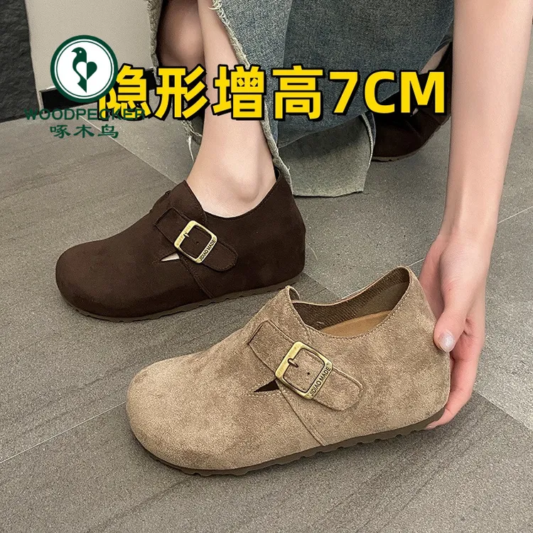 啄木鸟内增高7CM~勃肯鞋女2025秋冬新款加绒单鞋小个子厚底增高鞋