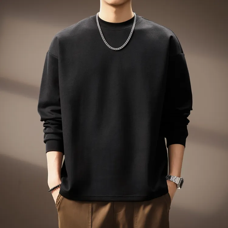 高端300g重磅潮流长袖T恤男秋季新款纯色简约宽松休闲打底衫上衣