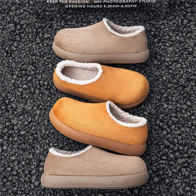 勃肯鞋男冬季防滑厚底青少年一脚蹬工作休闲软底加绒保暖包头棉鞋商品图