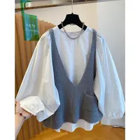D02194减龄针织马甲衬衫两件套上衣女新款宽松叠穿早秋氛围感穿搭