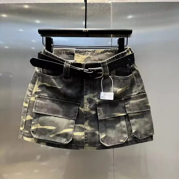 【现货】美式复古迷彩工装牛仔短裙女新款高腰防走光包臀半身裙