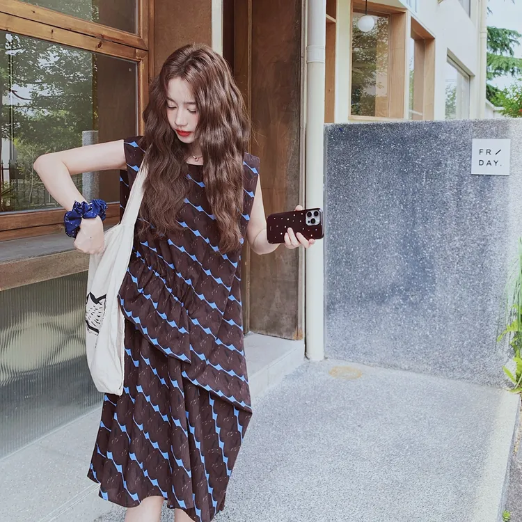 欧洲站几何印花无袖连衣裙2025夏季不规则女生韩系ins衣服短袖