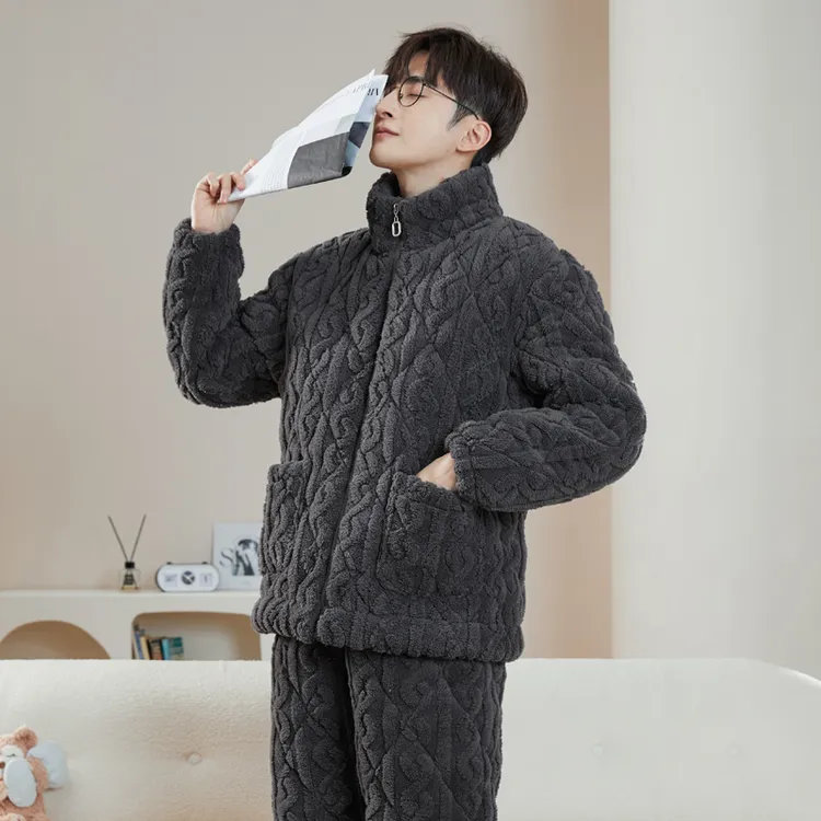 三层夹棉冬季男士睡衣珊瑚绒套装加厚加绒法兰绒家居服可外穿JX