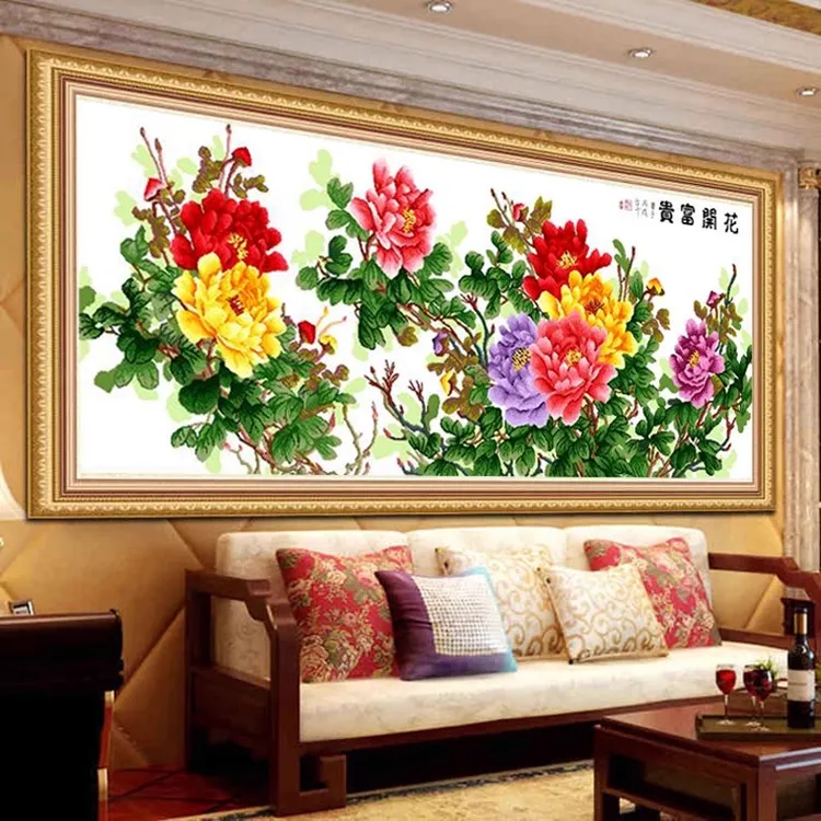 纯手工十字绣成品花开富贵六尺牡丹国色牡丹花卉新版客厅装饰挂画