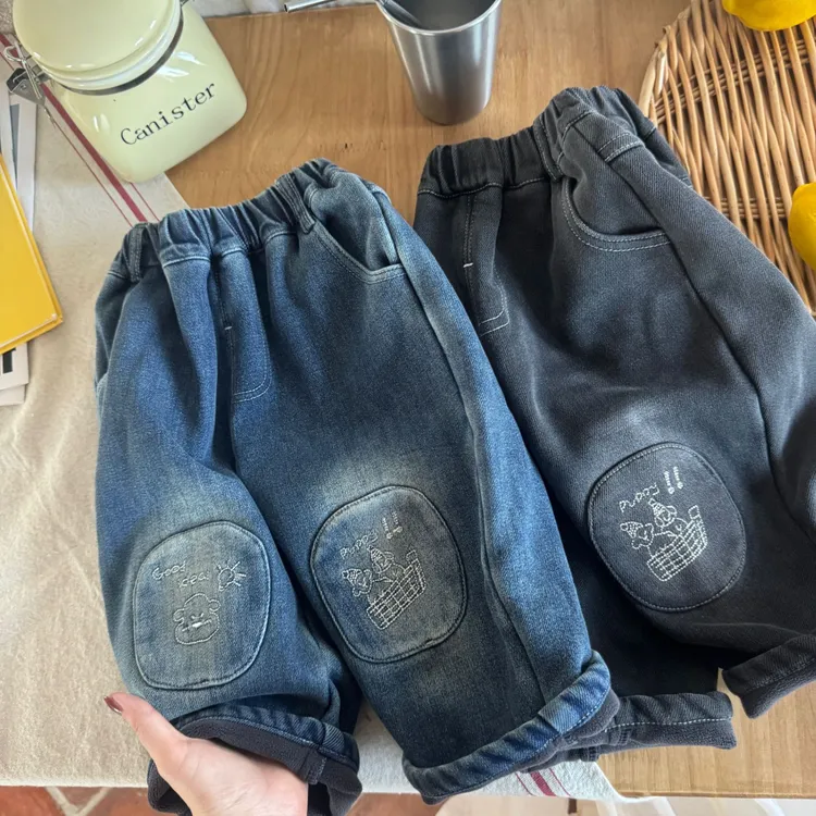 顶配韩系品牌*小中大童外贸单*冬款贴布刺绣加厚奥利绒潮童牛仔裤
