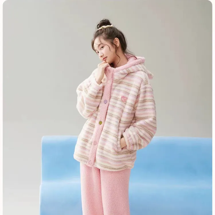 安之伴【巨保暖】珊瑚绒睡衣女款秋冬季加厚连帽法兰绒家居服套装