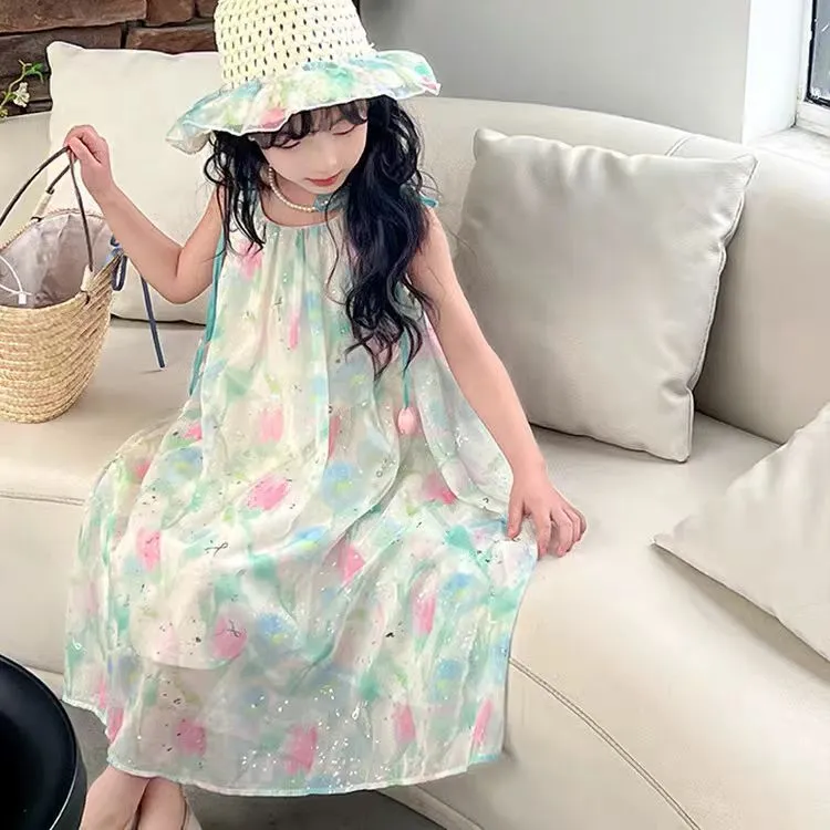 送帽子女童夏装连衣裙2025新款儿童公主背心裙子女孩沙滩裙韩版