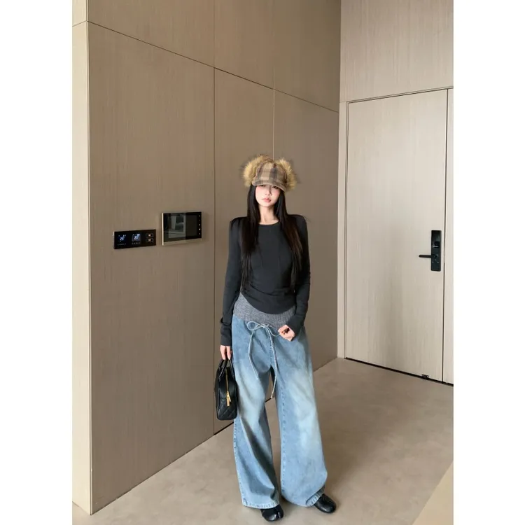 withmin凉皮 长期主义 辣妹毛线拼接腰头宽松阔腿牛仔裤2524817