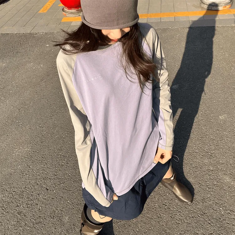 紫灰色撞色拼接速干长袖T恤男女款夏季户外骑行运动休闲防晒上衣