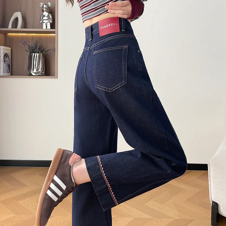 蜜蜜穿搭丹宁色阔腿牛仔裤女小个子2025秋季撞色线双边刺绣九分裤