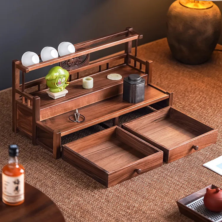 北美黑胡桃材质茶具收纳架桌面展示架双抽屉设计可放茶饼一路相随