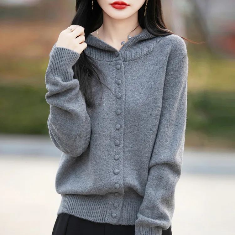 纯100羊毛连帽毛衣外套女2025秋冬新款宽松加厚洋气针织开衫上衣