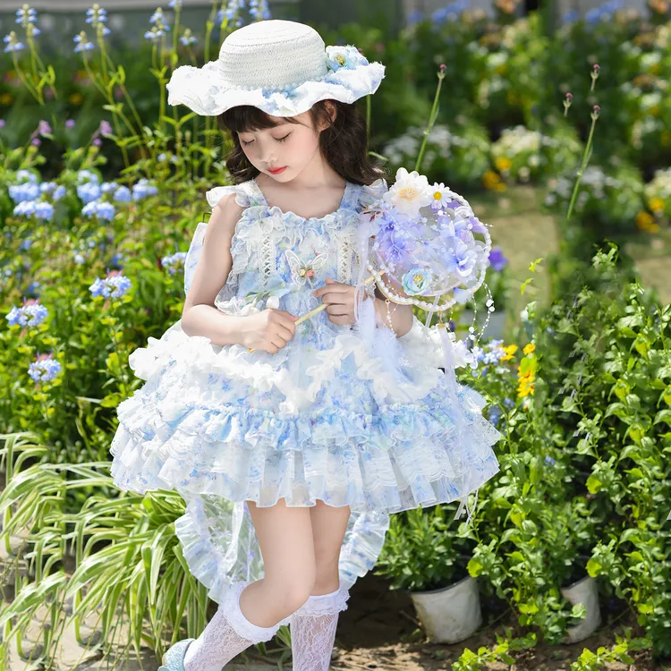 女童四季款雾屿蓝花洛丽塔蓬蓬公主裙宝宝生日礼服连衣裙