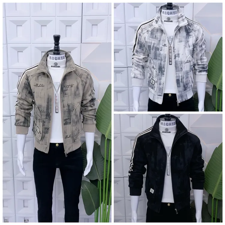 男士秋冬新款外套复古花纹立领加厚外套时尚潮流个性男装夹克外套