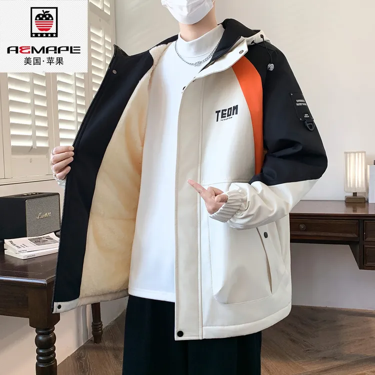 美国苹果冬季连帽防风青少年男生美式夹克加绒加厚韩版青少年学生
